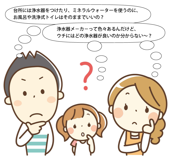台所には浄水器をつけたり、ミネラルウォーターを使うのに、お風呂や洗浄式トイレはそのままでいいの？