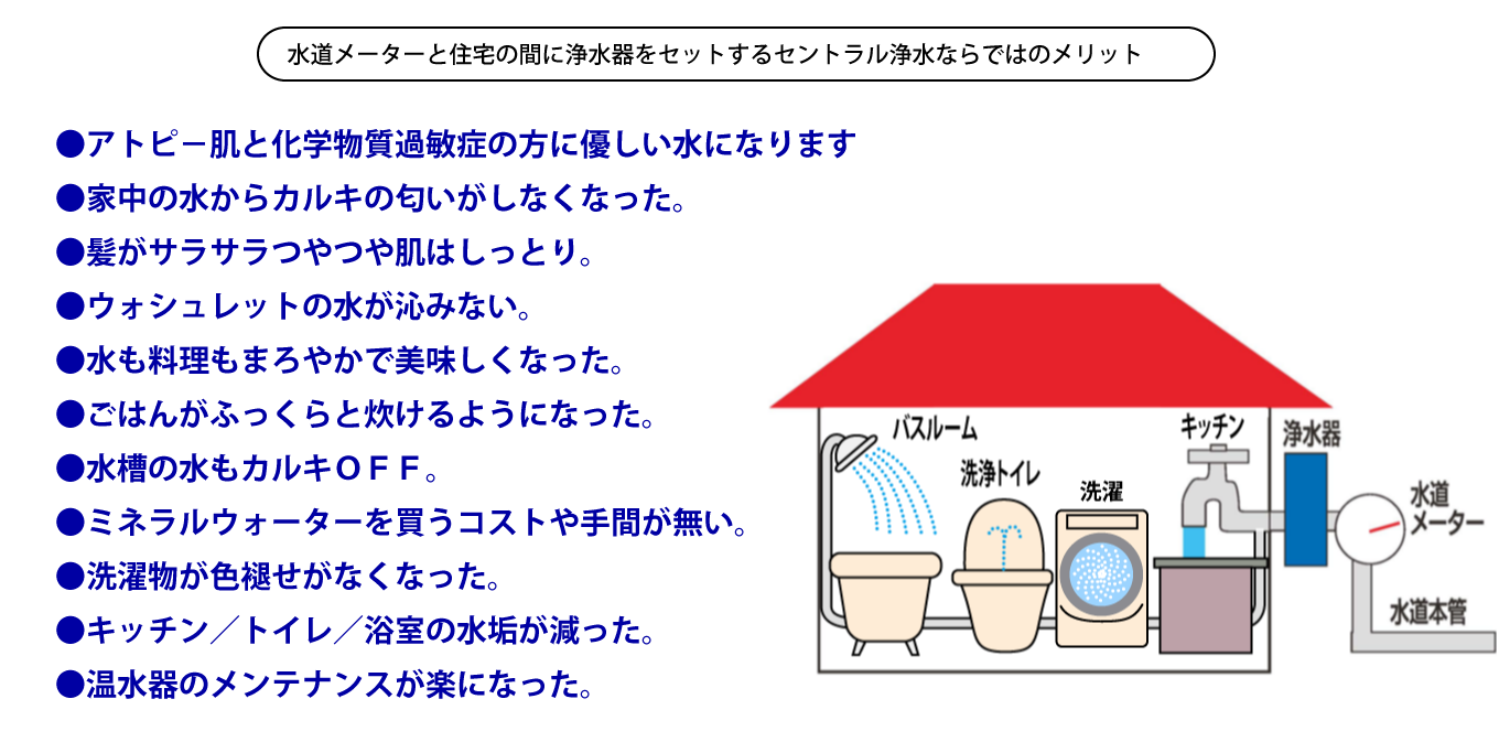 水道メーターと住宅の間に浄水器をセットするセントラル浄水ならではのメリット